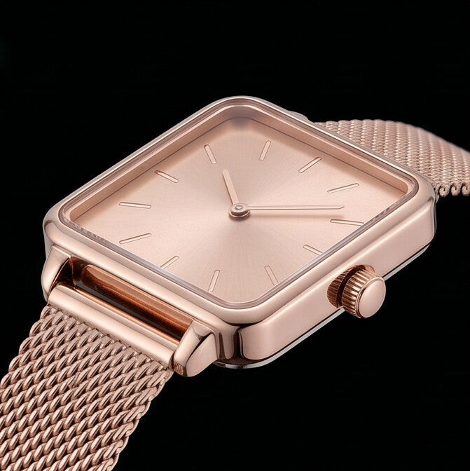 Rose gold watch with a mesh band on a black background