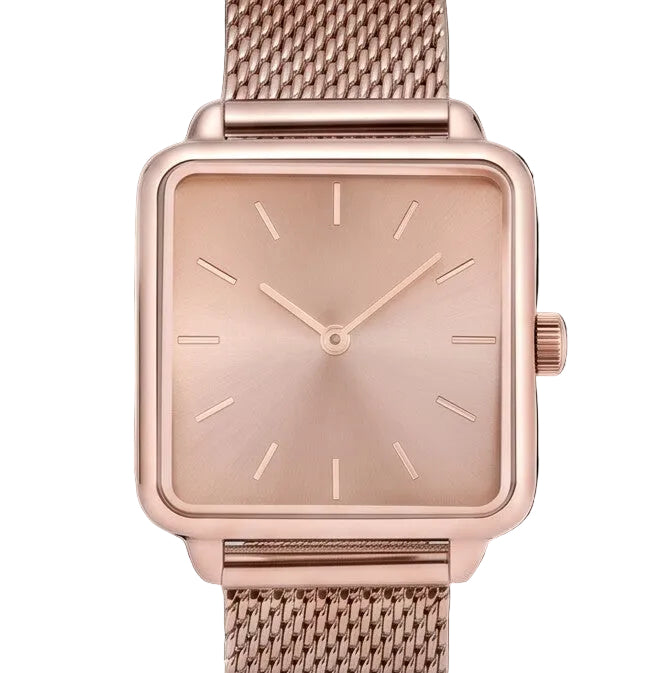 Rose gold watch with square face and mesh band on black background